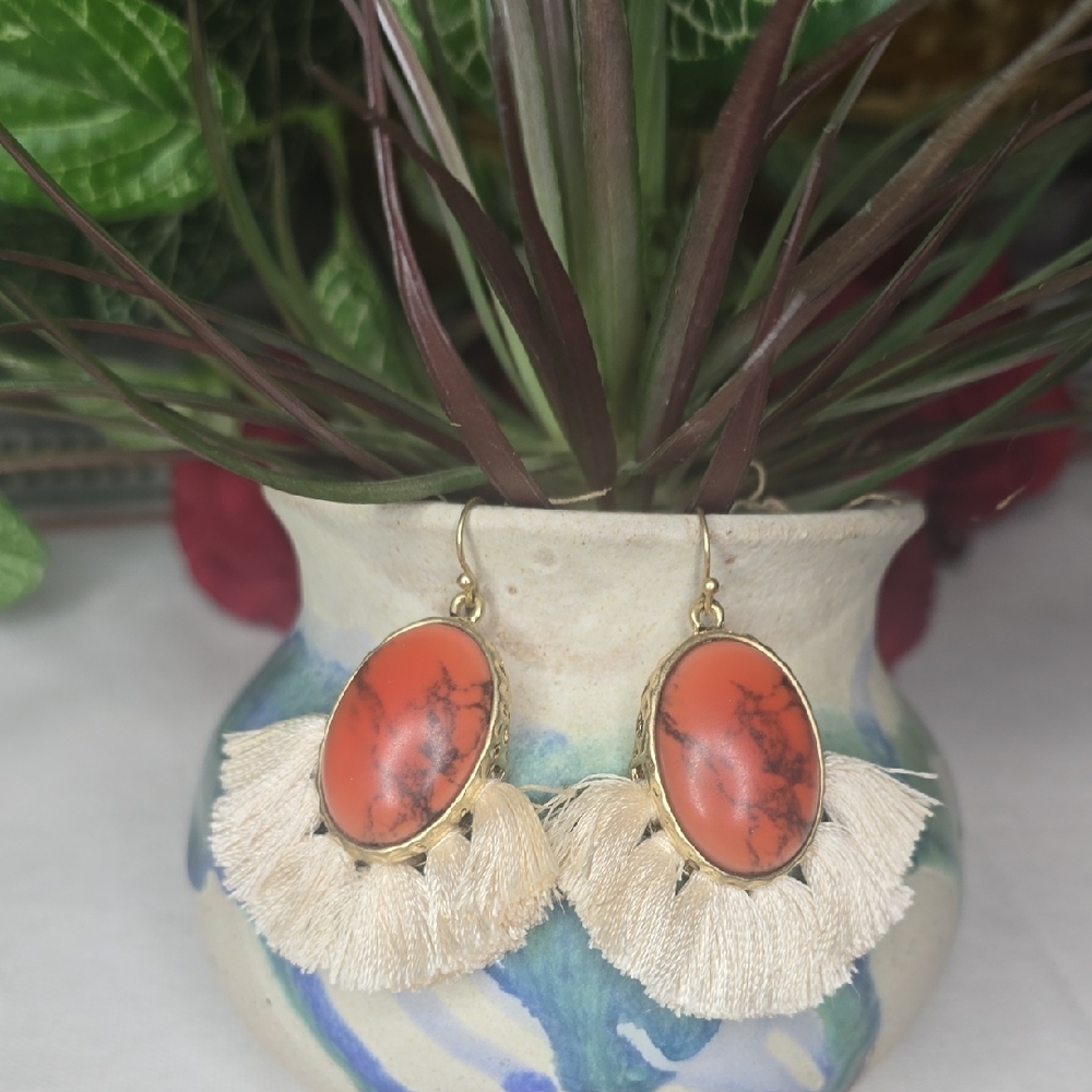 Cream Colored Tassel Hook Earrings with Orange Faux Marble Stone